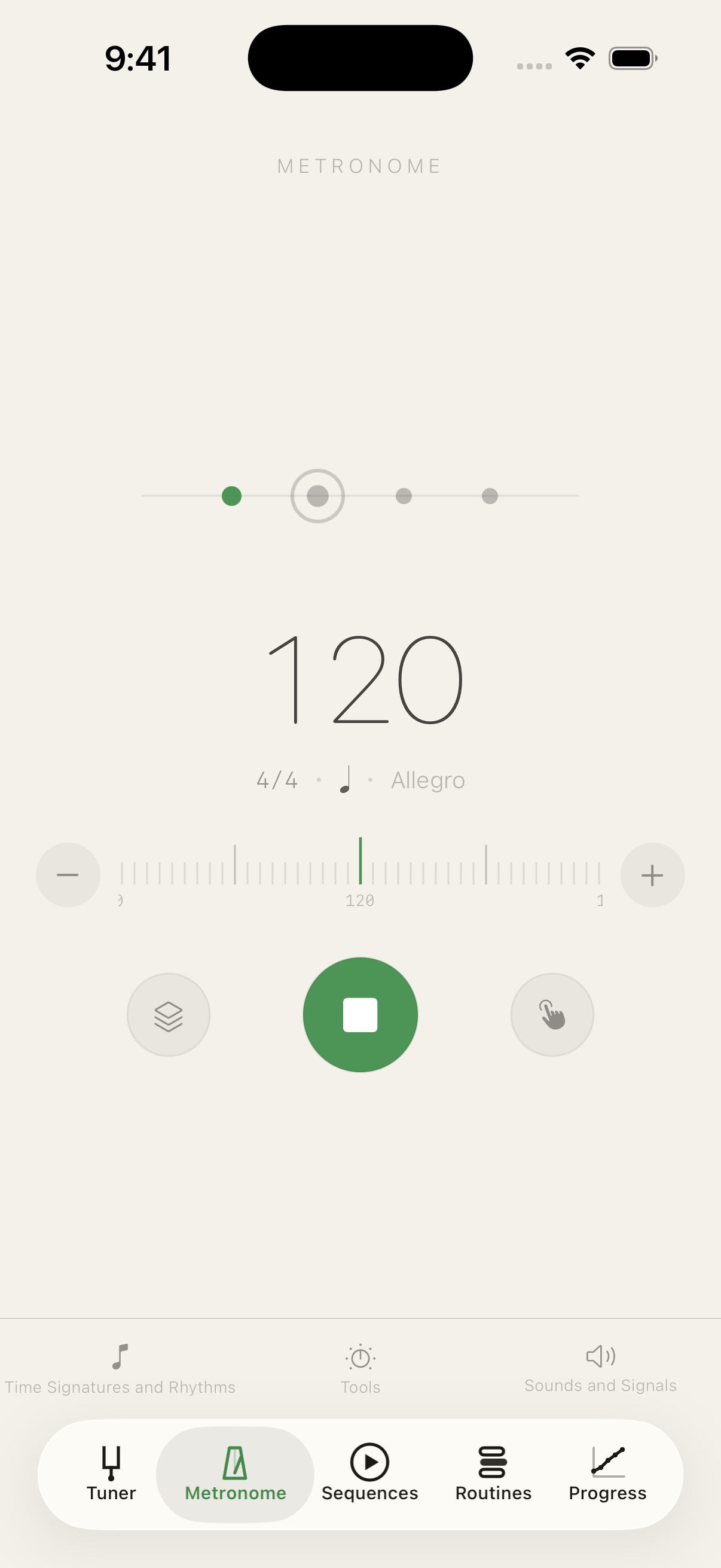Metronome playing at 120 BPM, 4/4 Allegro, the beat cord pulsing and the screen edge flashing on the downbeat