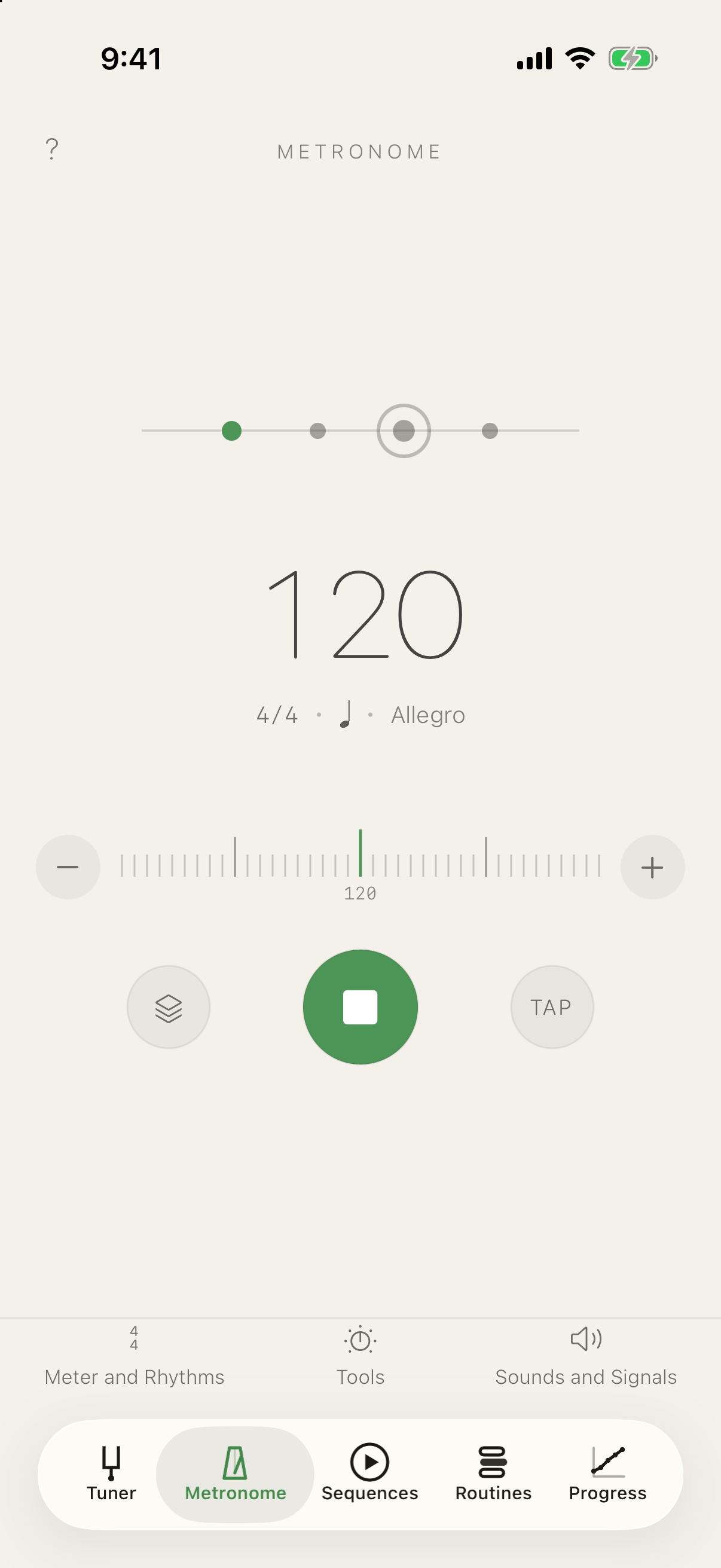 Metronome playing at 120 BPM, 4/4 Allegro, the beat cord pulsing and the screen edge flashing on the beat, with presets and tap tempo beside the play button