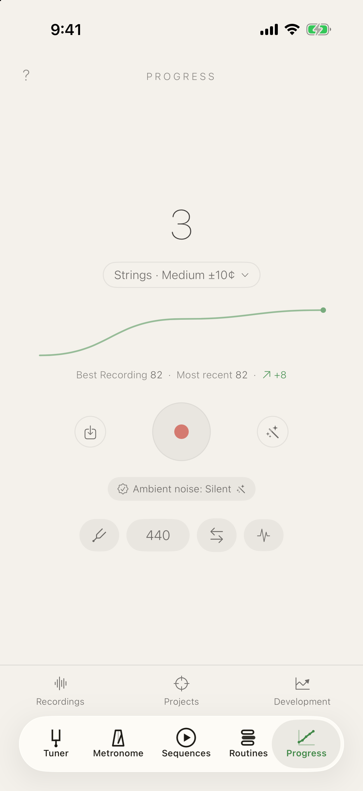 Progress stage: 3 recordings in the Strings · Medium ±10¢ group, best recording 82, most recent 82, trend rising +8