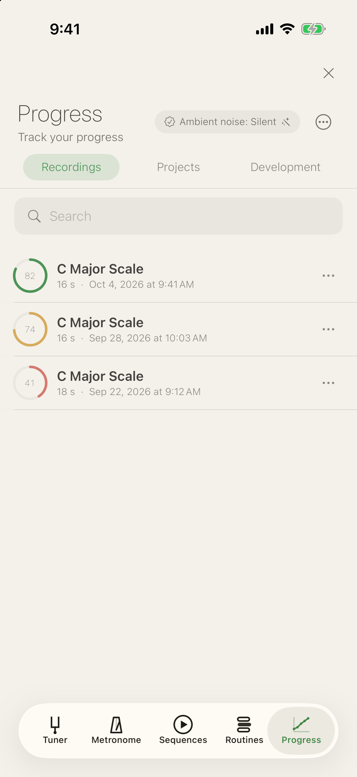 Recordings list with search: three takes of a C major scale scored 82, 74 and 41