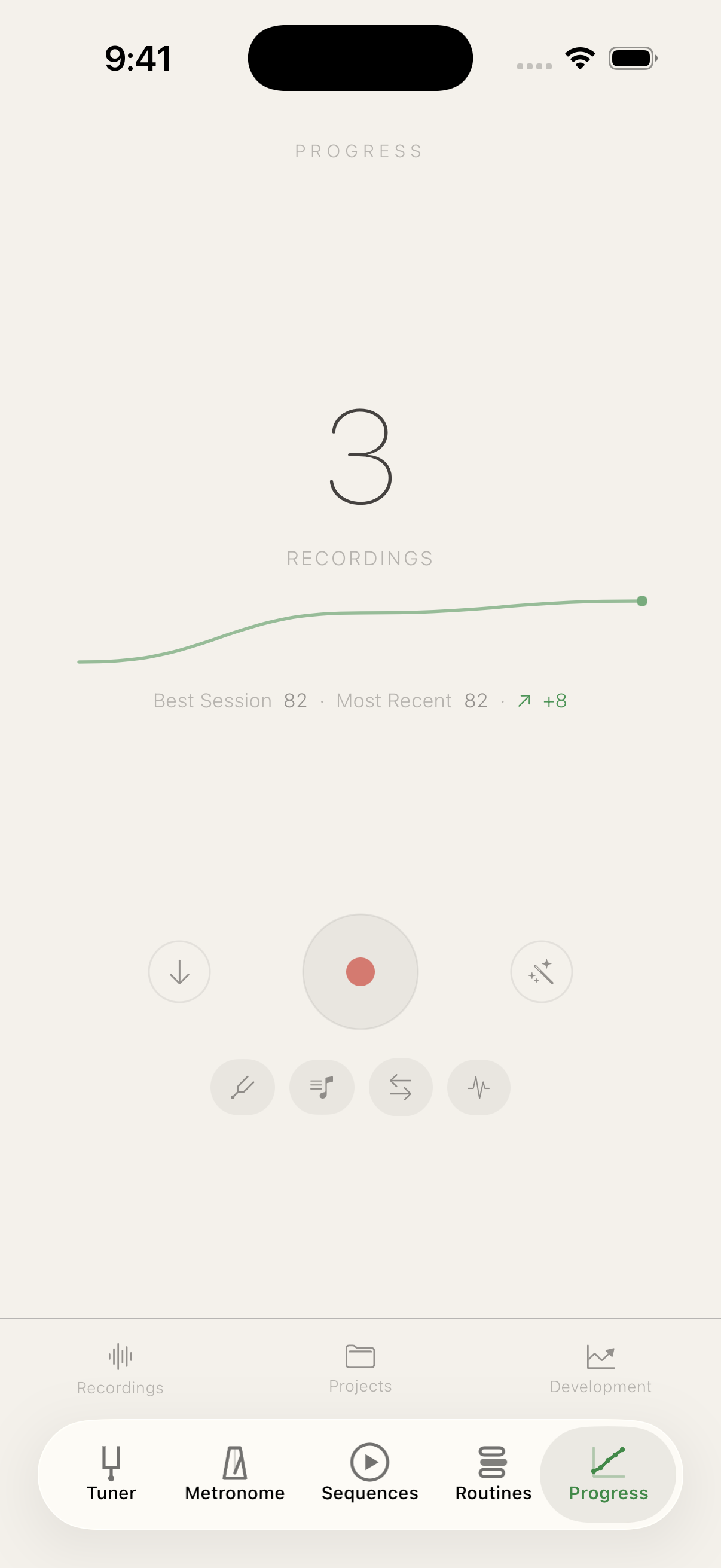 Progress stage: 3 recordings, best session 82, most recent 82, trend rising +8