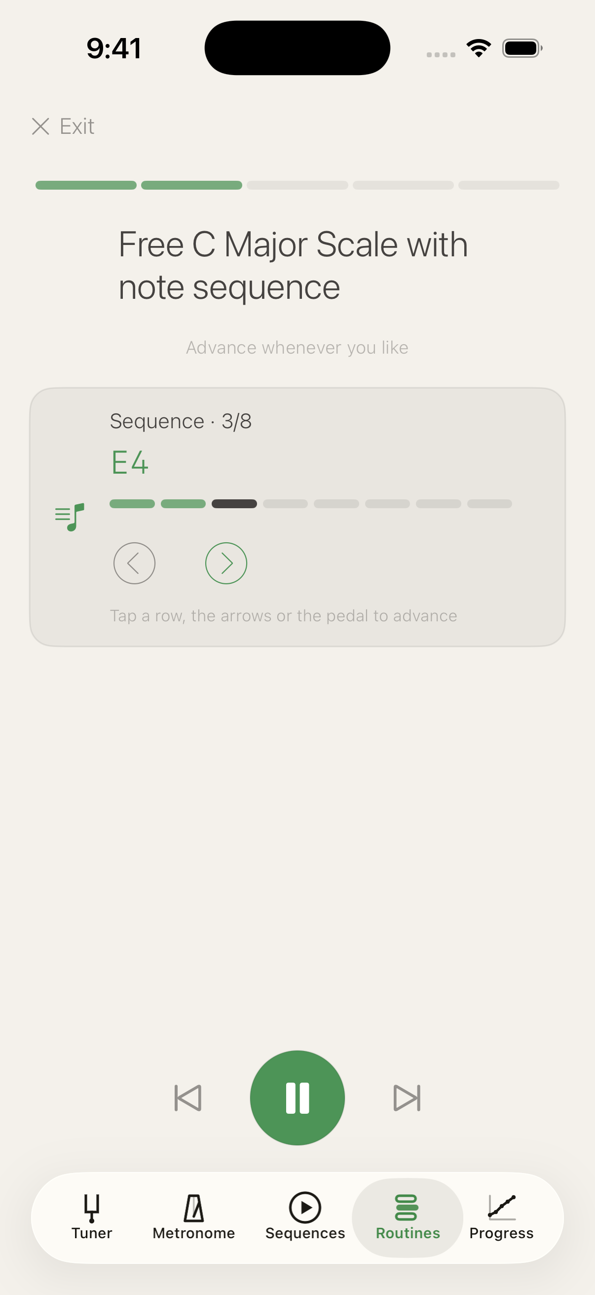Routine phase with an embedded note sequence on E4, step 3 of 8