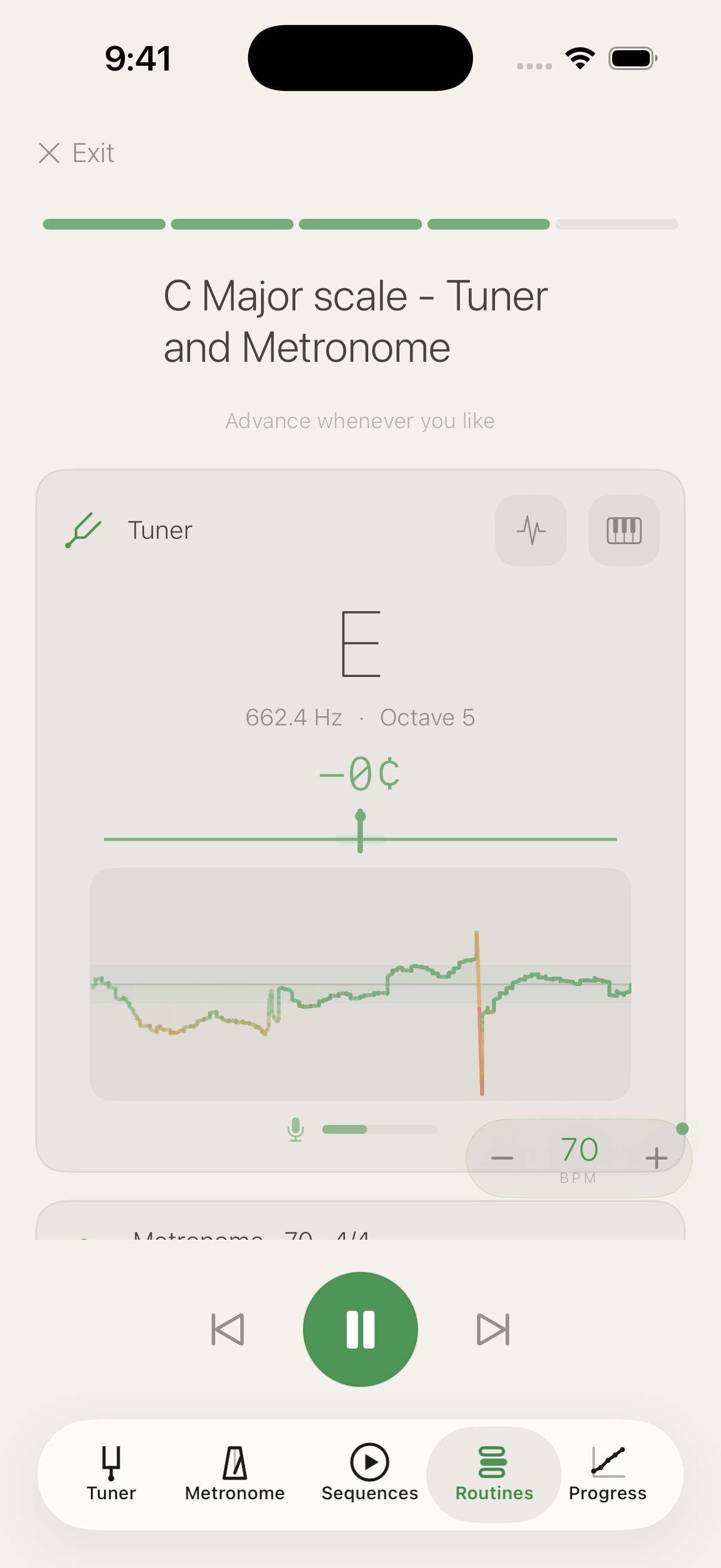 Routine phase with tuner and metronome together: E at 662.4 Hz, 0 cents, 70 BPM
