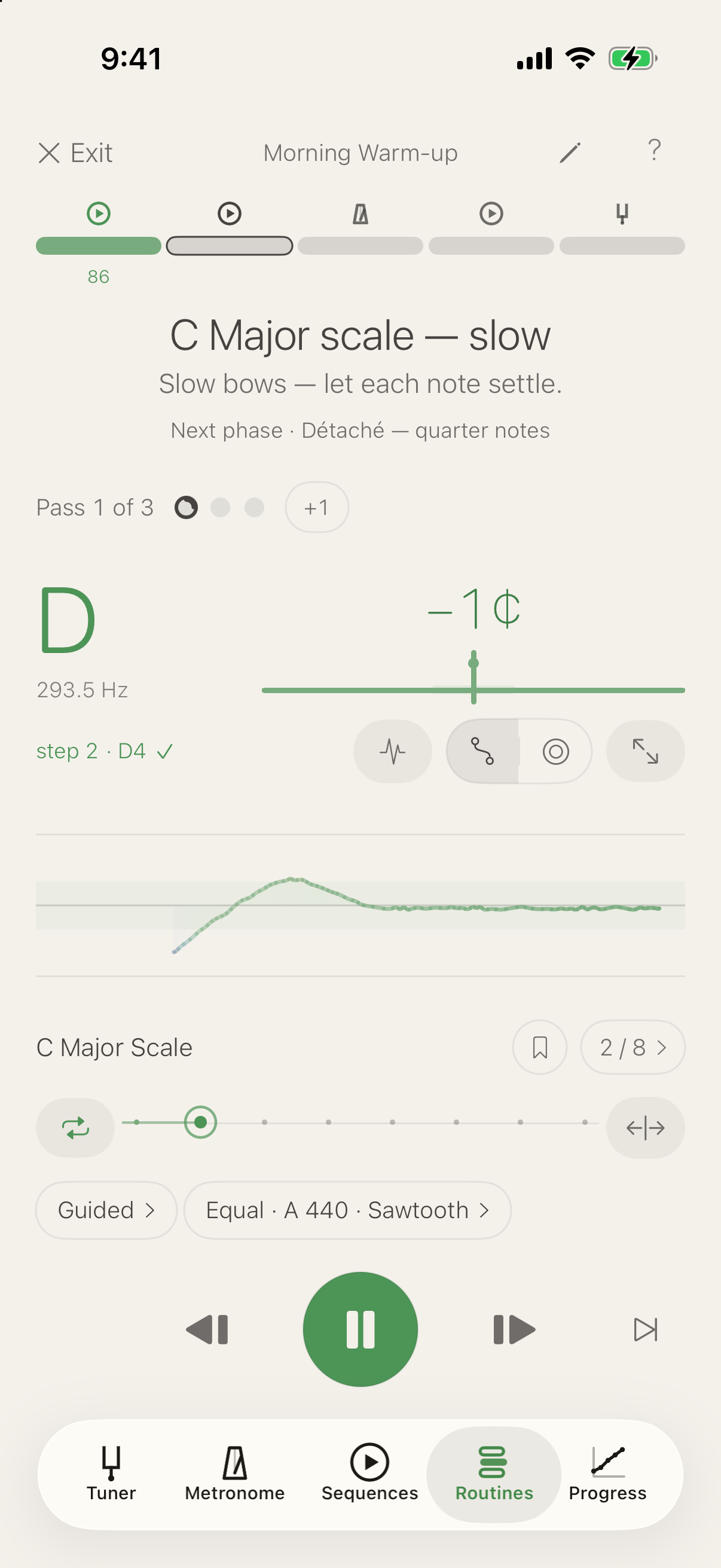Routine running, Morning Warm-up, phase 2 of 5, C Major scale — slow: phase 1 completed with a score of 86, pass 1 of 3, the tuner on a D at −1 cent matching step 2 of the C Major Scale with the thread settling below, Guided pacing, and the play transport with next phase beside it
