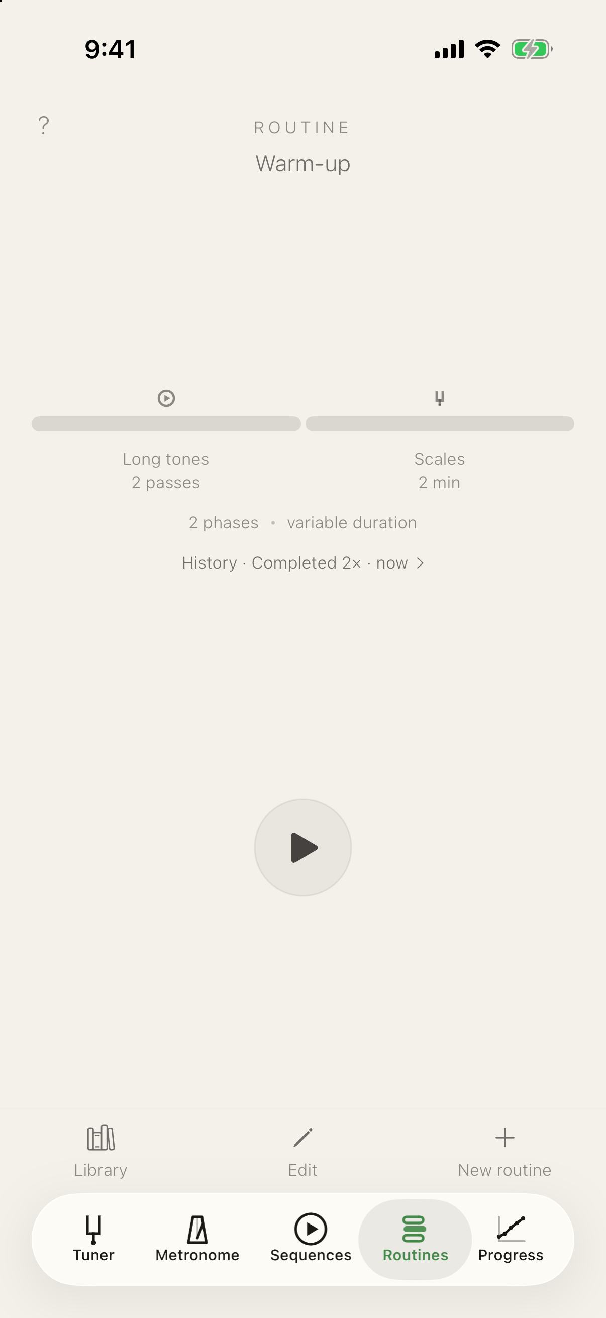 Routine stage: Warm-up, two phases shown as icons over the path — a sequence of two passes and two minutes on the tuner — and the history, completed twice