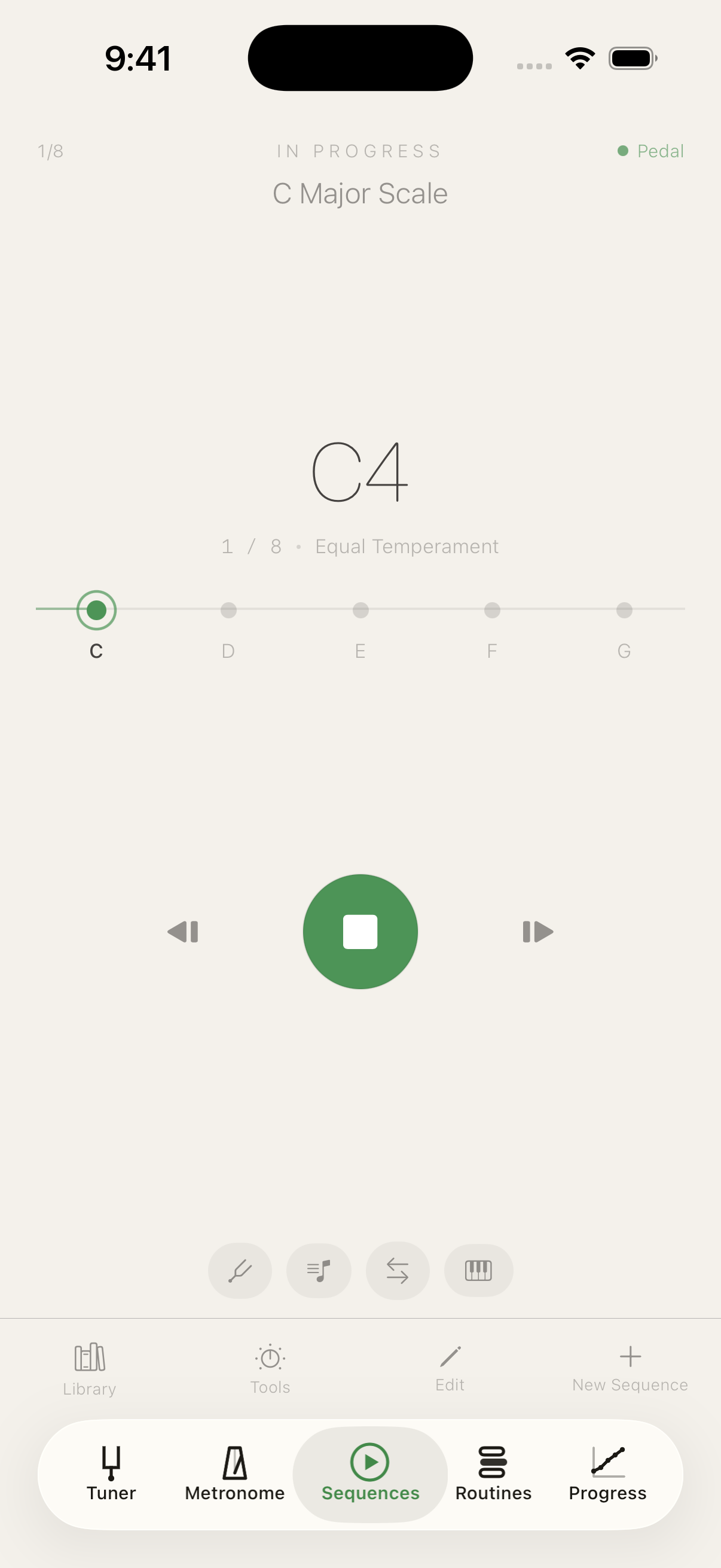 Sequence player: C major scale playing in loop, the step cord filling in green step by step