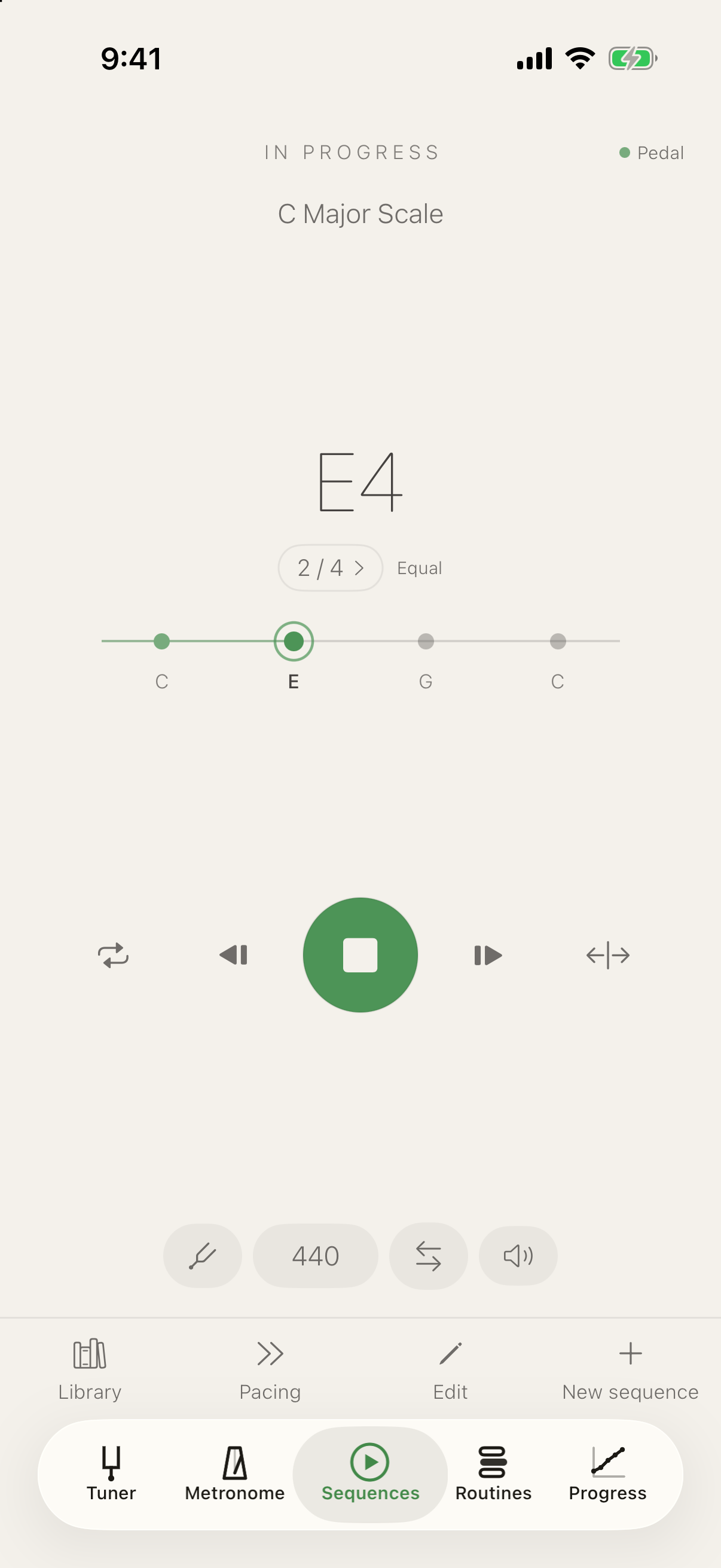Sequence player: C major scale in progress, step 1 of 8 in equal temperament, Bluetooth pedal connected, with loop and mirror beside the transport