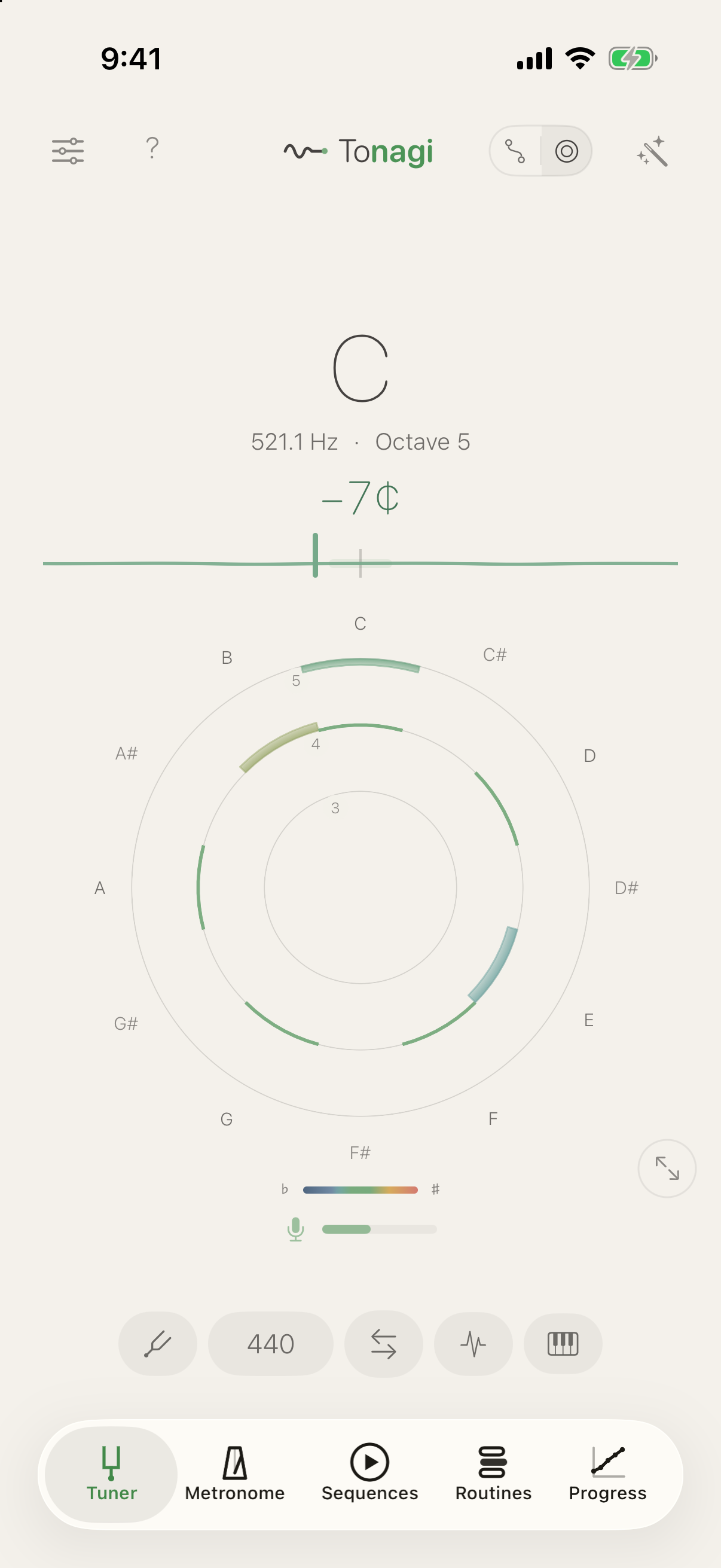 Tuner, tone orbit view: three octave rings with the notes of a C major scale as marks — most green, one slate blue flat, one amber sharp
