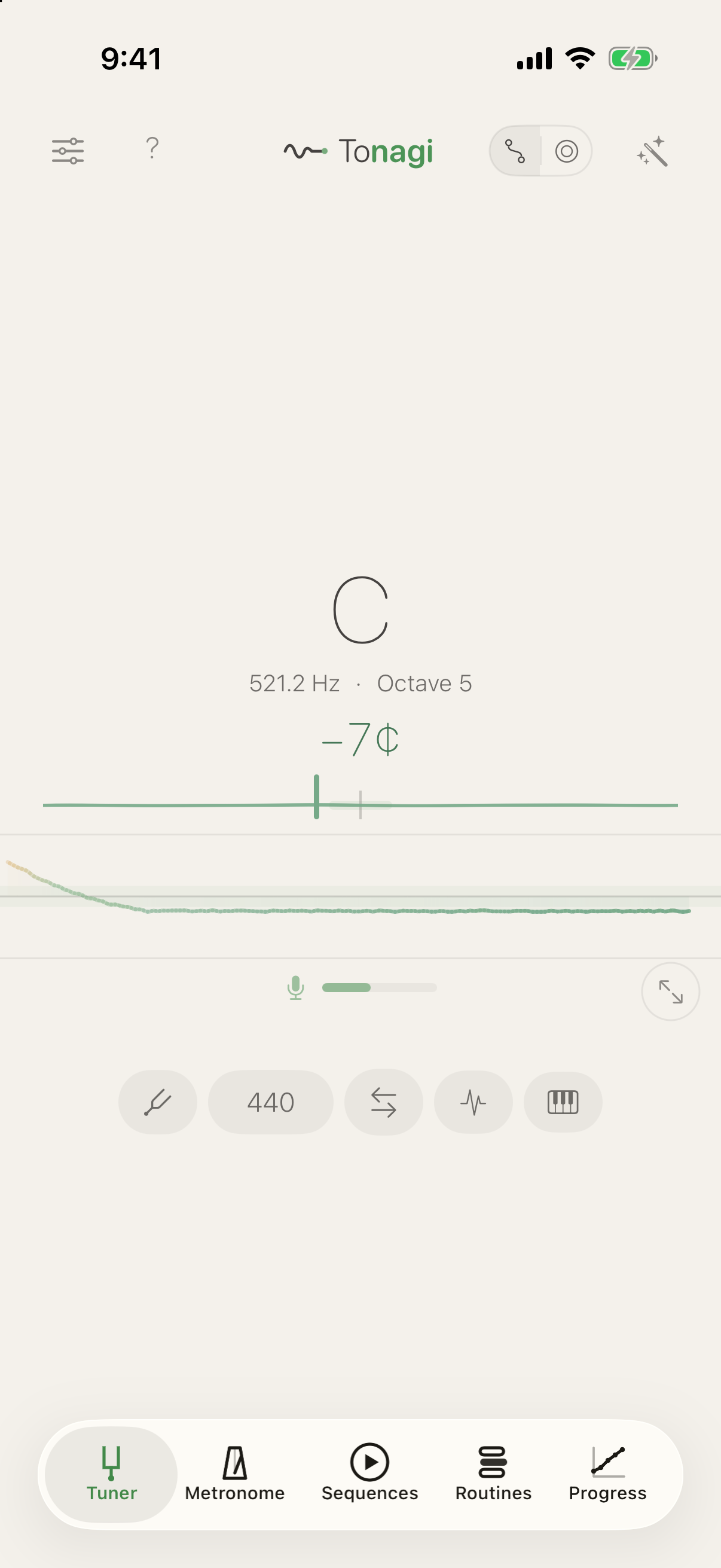 Tuner, tone thread view: C held on the meter, hertz breathing with the pitch, the thread of the note evolving below, the thread and orbit switch at the top